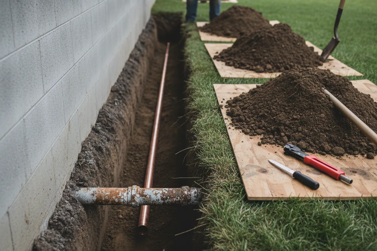 Excavated water line trench during Sewer Line Repair in East Flat Rock